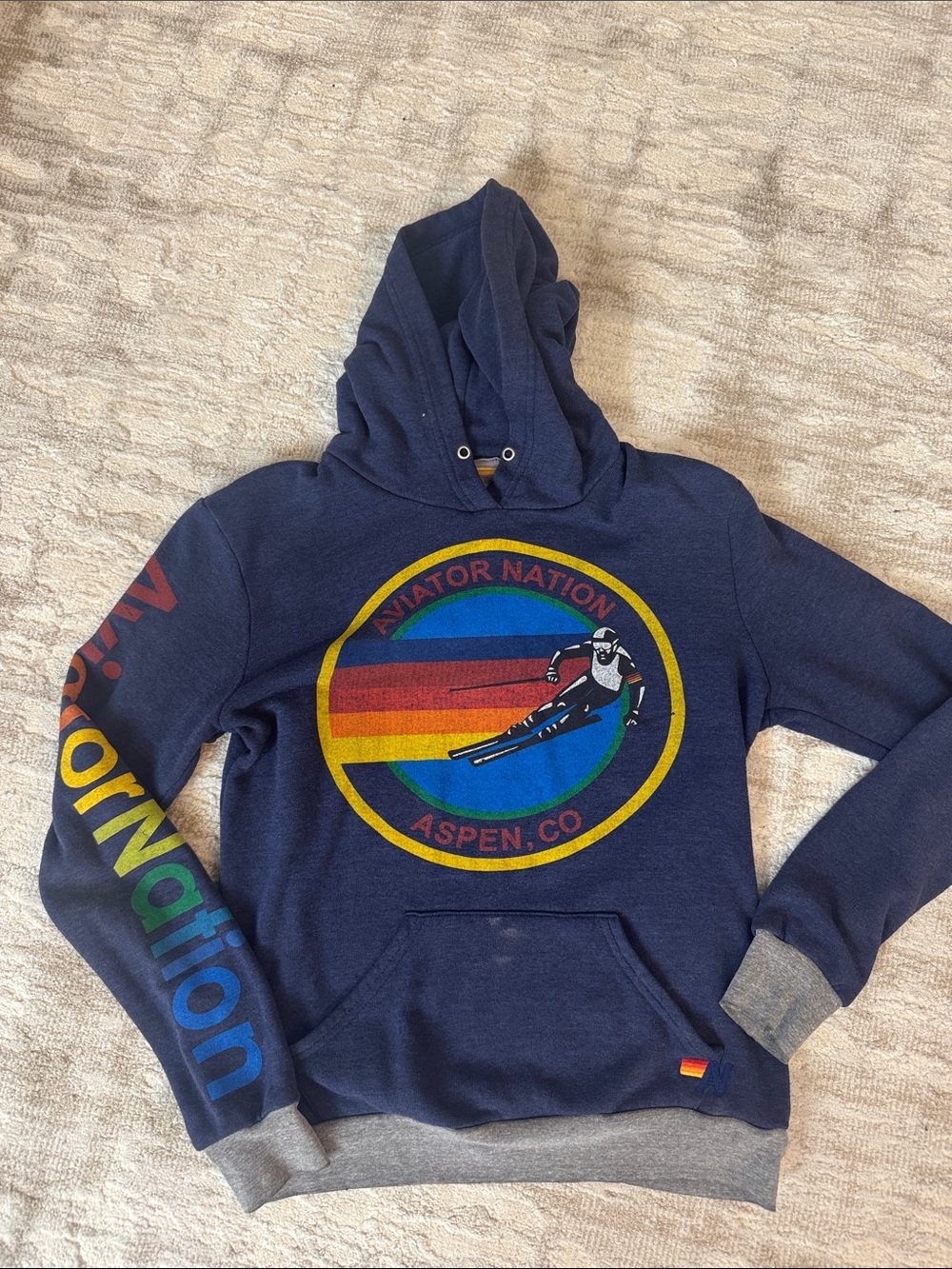 Aviator Nation Navy Hoodie with Rainbow Aspen Ski Graphic